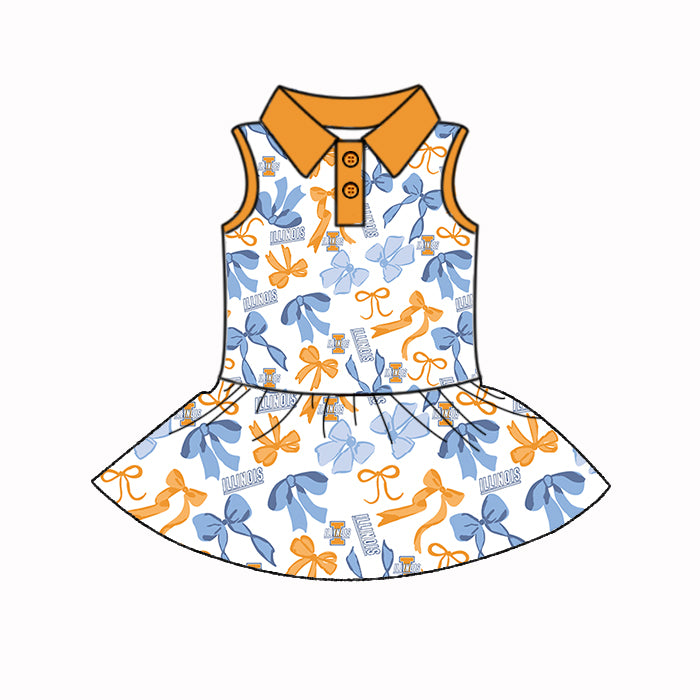 Custom moq 5 mix sizes summer teams baby girls clothes team orange short sleeve skirts shorts sets dress 1 and dress 2-25.5.10