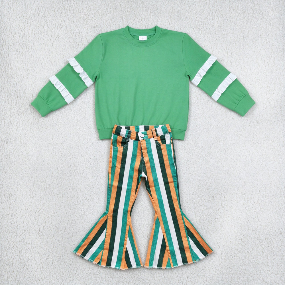 NEW RTS NO MOQ Denim GT1858+ P0131 Baby Girls Green White Patchwork Long Sleeve T-shirts Top Stripes Denim Bell Pants Sets