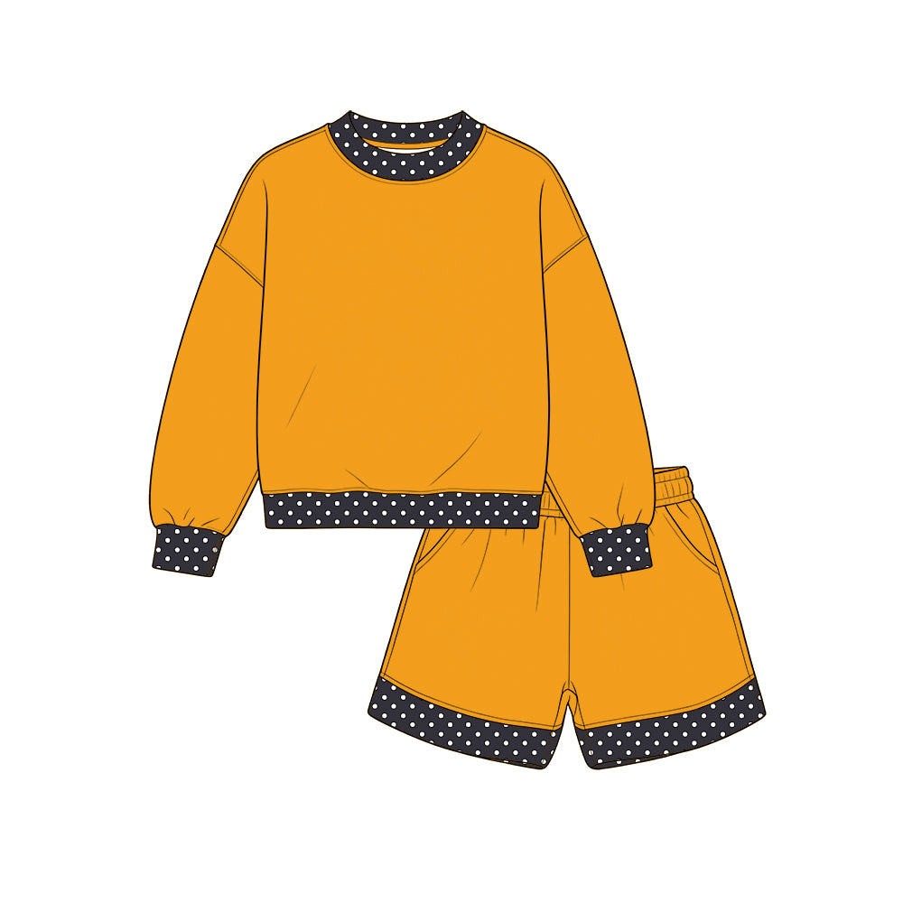 Custom moq 5 cotton fabric girls sets Orange and black long-sleeve top and shorts set blank offer custom logo sets
