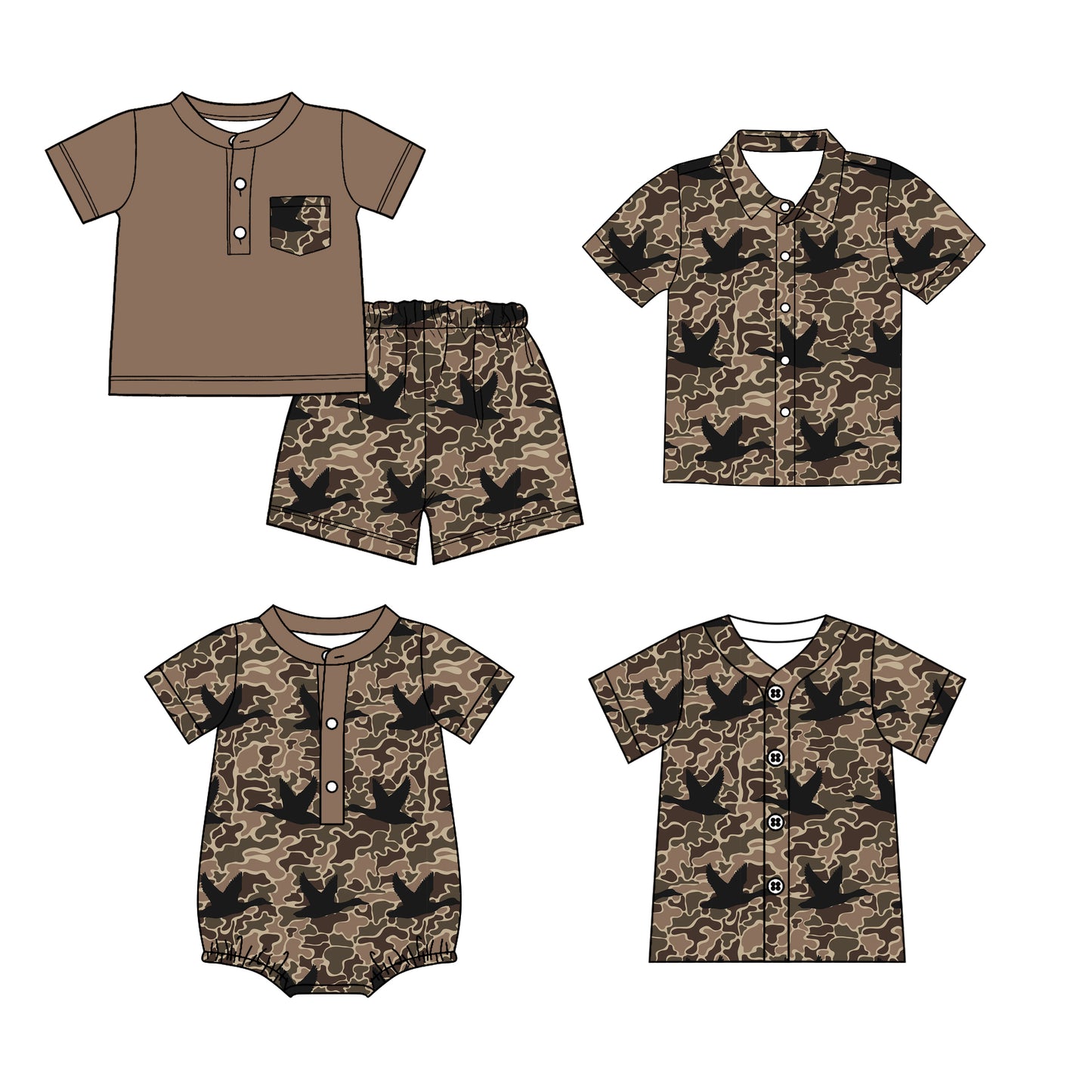 26.1.20 custom each style moq 5 eta 6-8 week Sibling Sister camouflage duck baby boy short sleeve shorts sets and top 2 and romper match family design
