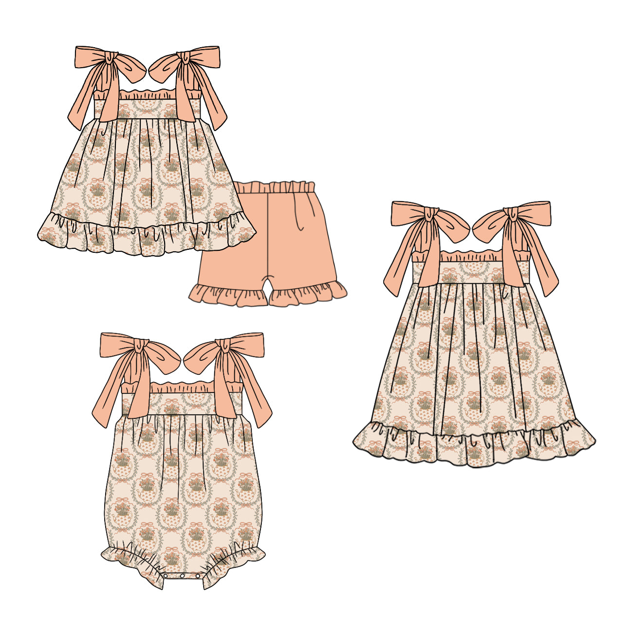 Custom moq 5 mix size Sibling Baby Girl's Short-Sleeved Top And Shorts Set Cute Romper Dress for Summer