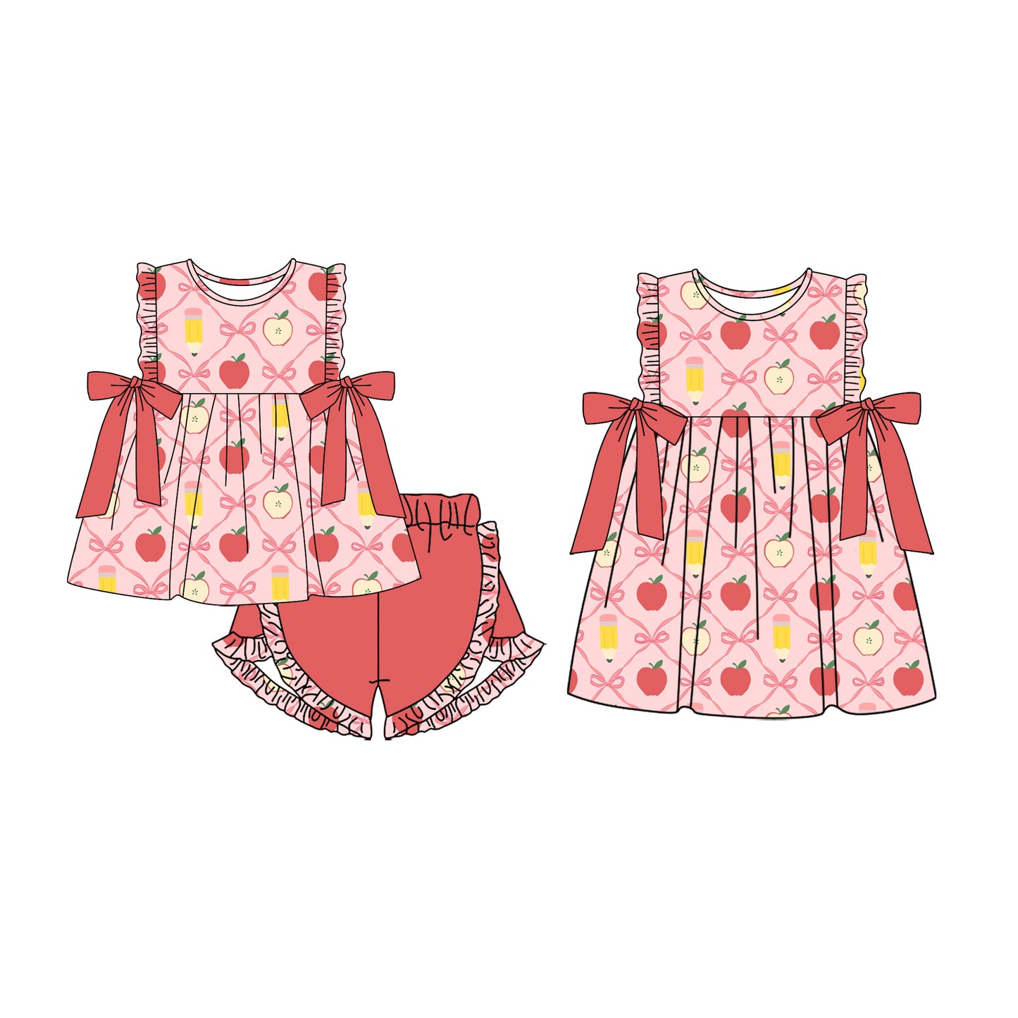 12.3 custom each style moq 5eta 4-6week Sibling Sister apple bow baby girl short sleeve shorts sets and rompers match design