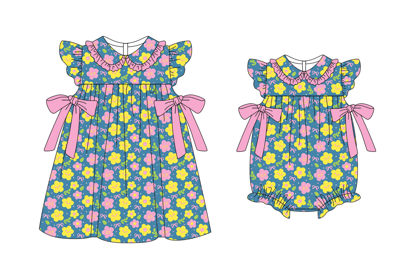 25.11.8 custom each style moq 5 eta 6-8week Sibling Sister bow floral baby short sleeve romper and dress match design