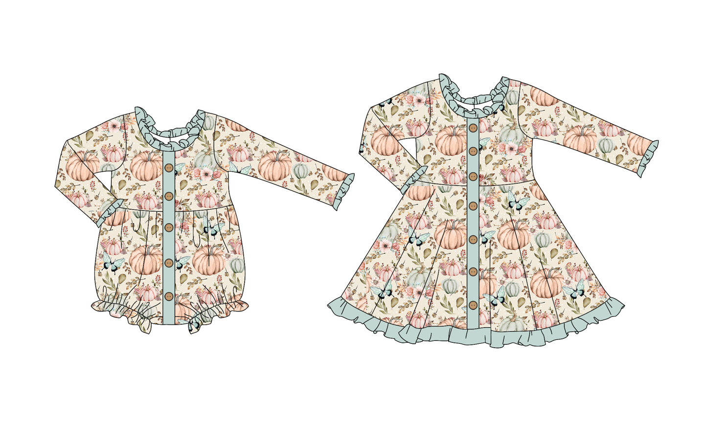 25.5.30 custom each style moq 5eta 4-6week Sibling Sisters pumpkin floral baby girl long sleeve dress and rompers match family design