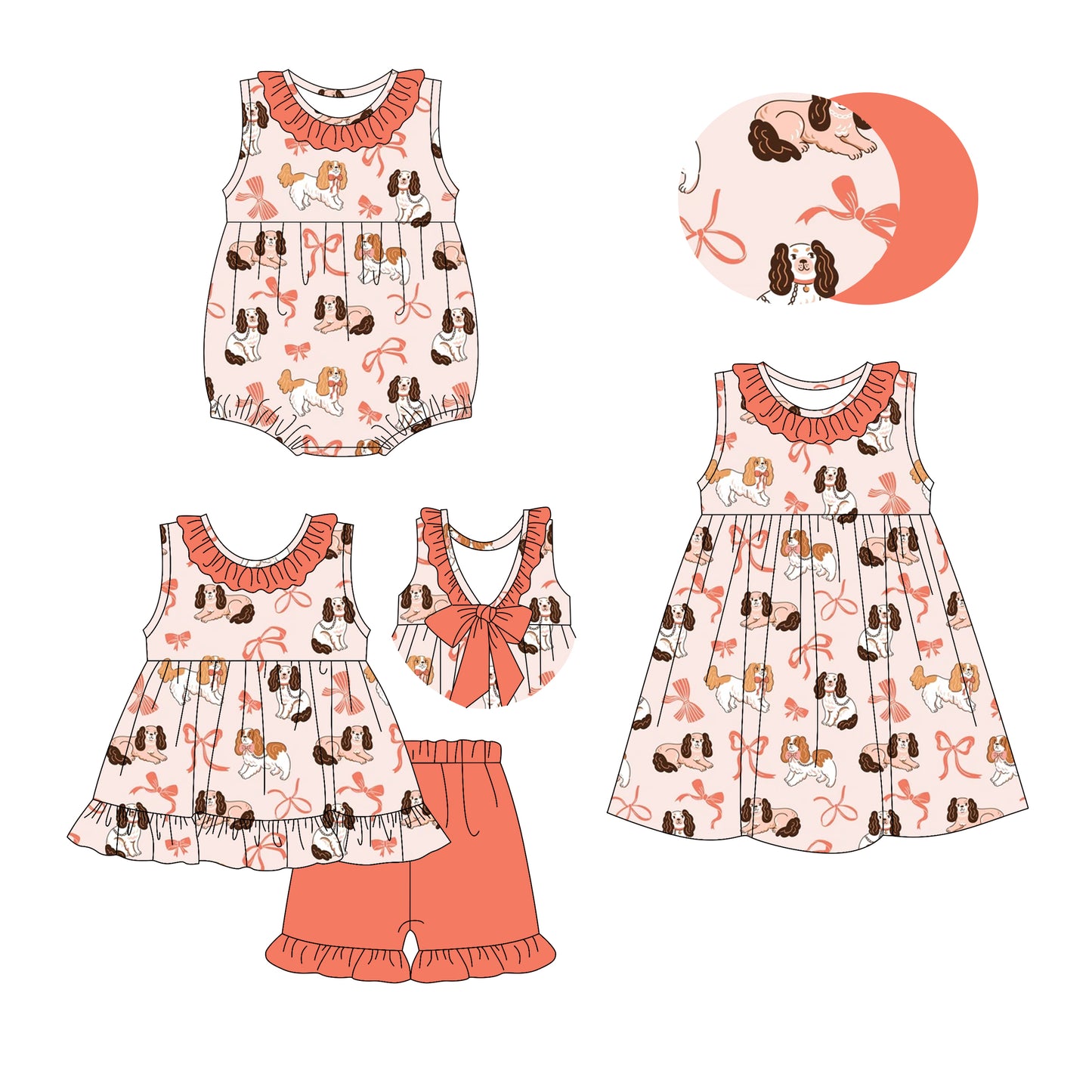 3.4 custom each style moq 5eta 4-6week Sibling Sisters puppy bow baby girl short sleeve shorts sets and dress and rompers match family design