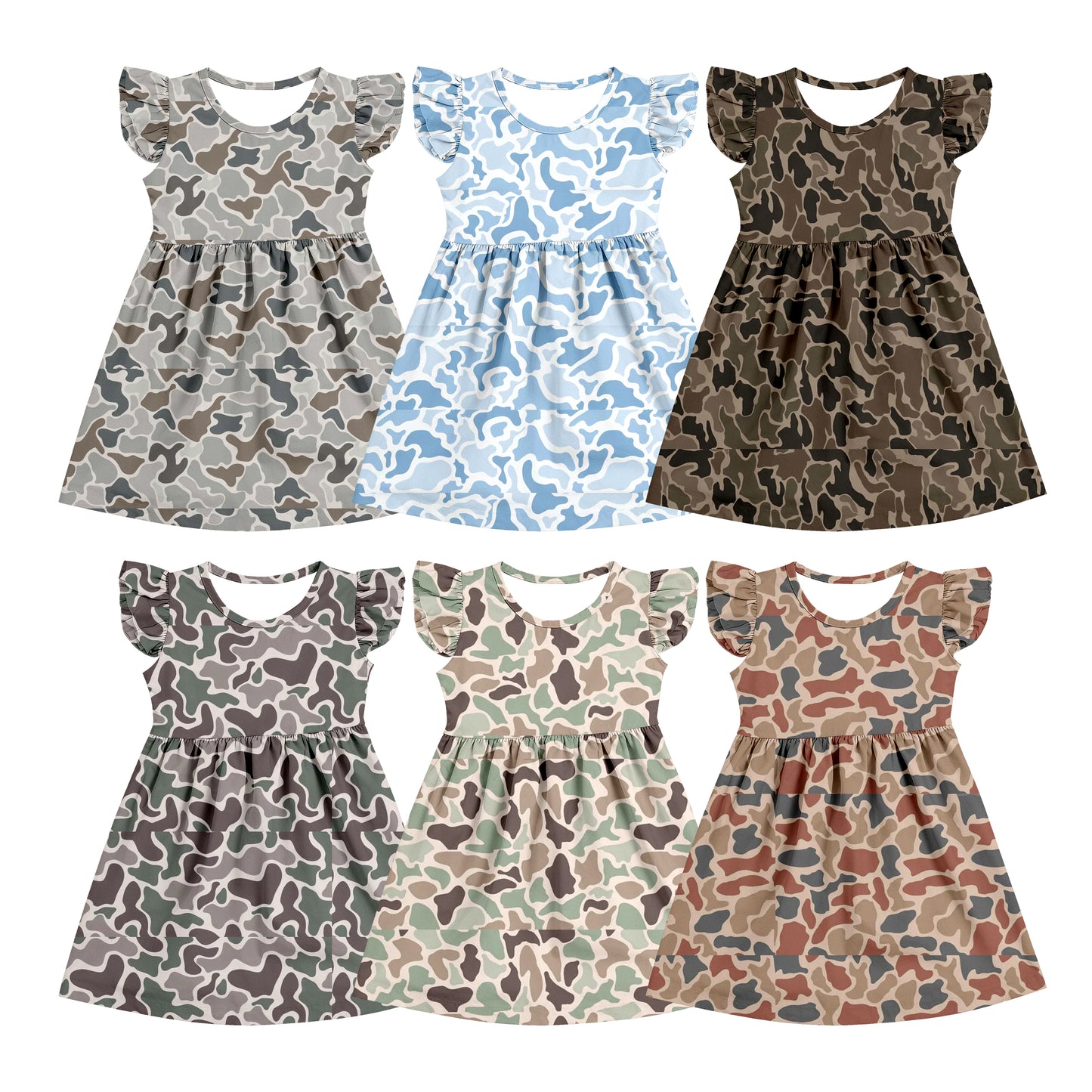 Custom moq 5 mix size Sibling Baby Girl's Camouflage Short-Sleeved Knee-Length Dress
