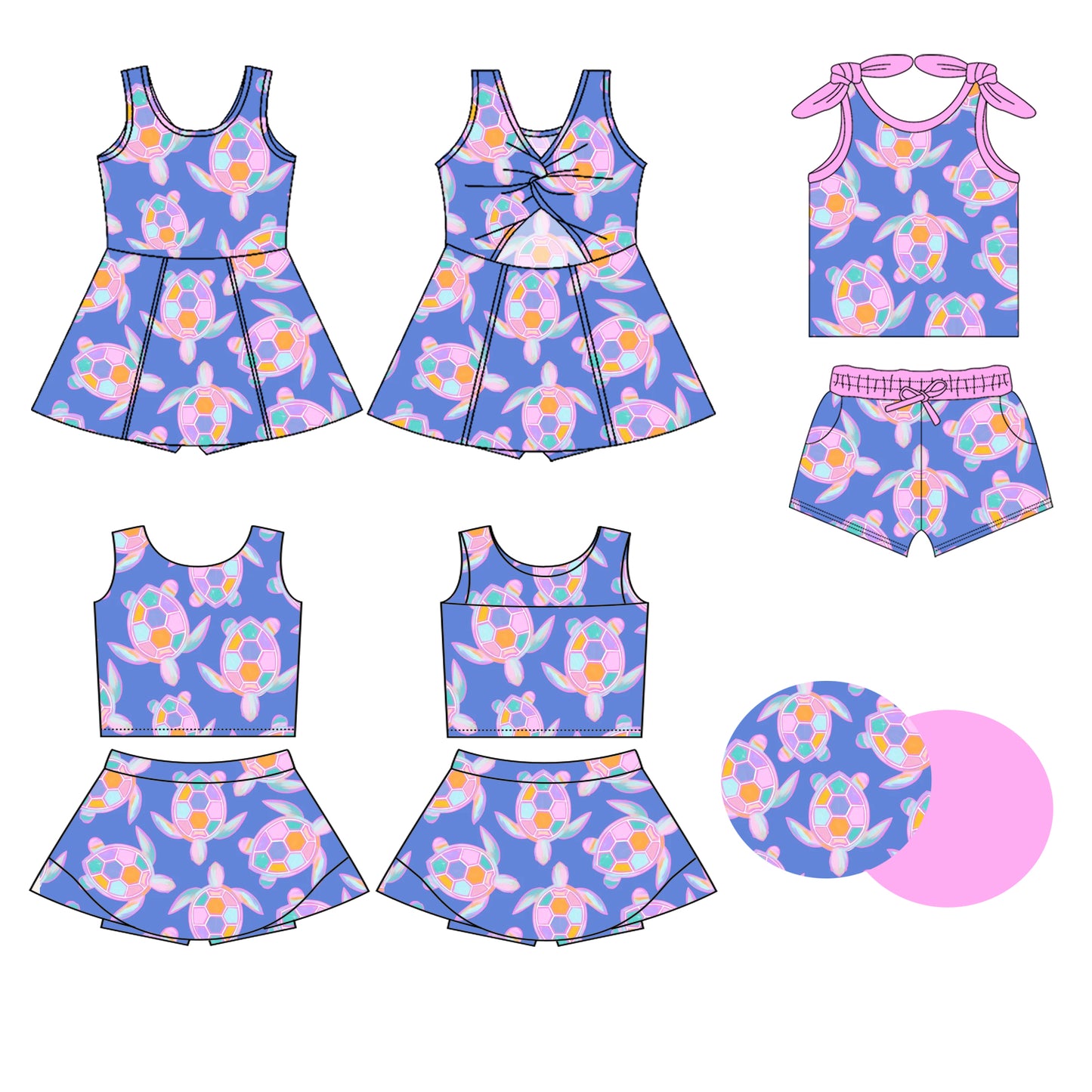 3.31 custom each style moq 5eta 4-6week Sibling Sister turtle baby girls clothes Short sleeve shorts sets and yoga dress 1 and dress 2 match family design