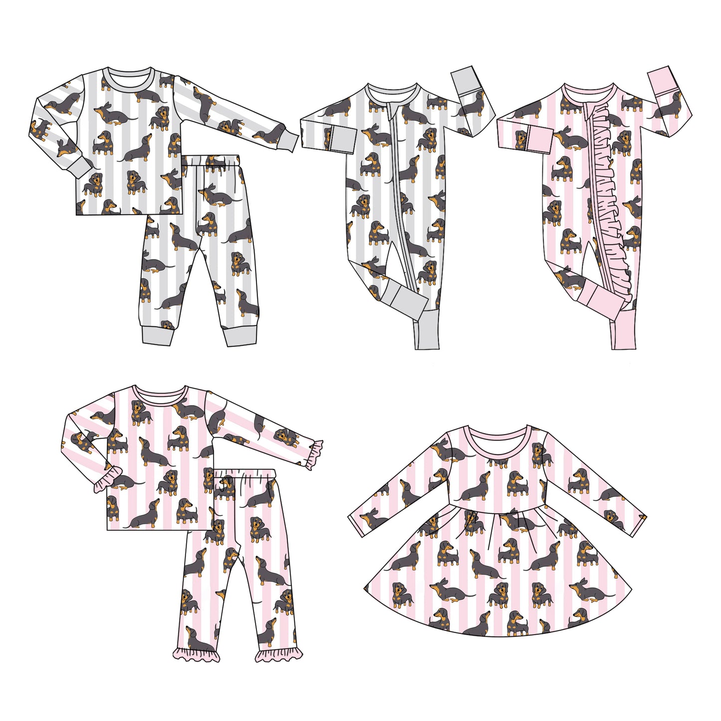 25.5.7 custom each style moq 5eta 4-6week Sibling Sisters dog baby girl long sleeve pants sets 1 and sets 2 and dress and romper 1 and romper 2 match family design
