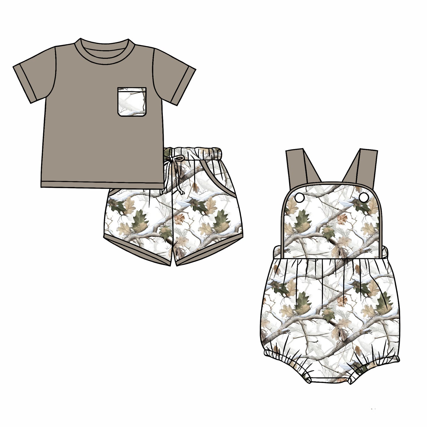 Custom moq 5 mix size Sibling Grey Branch-Patterned Baby Boys Romper Short-Sleeved Top And Shorts Set for Infants