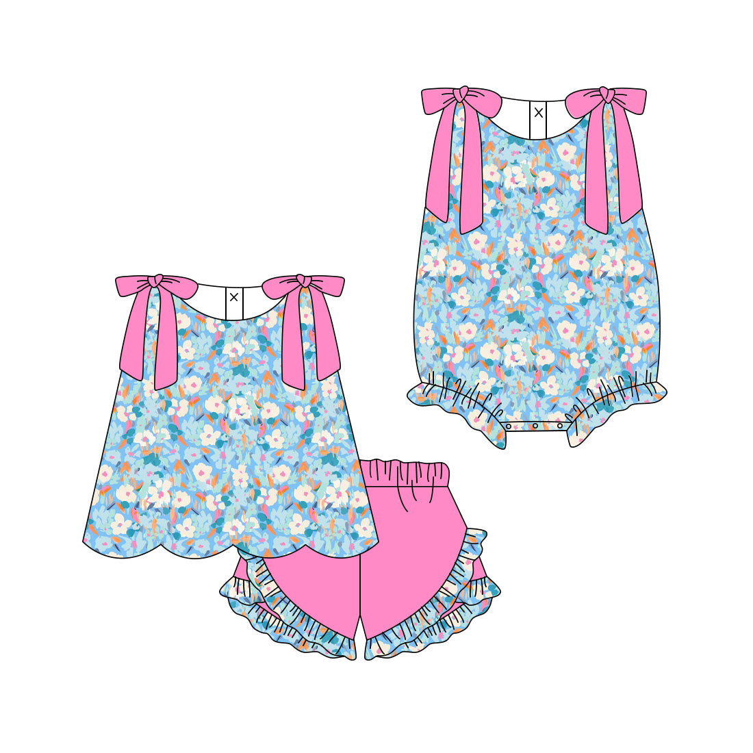 3.12 Custom moq 5 mix size Sibling Baby Girls Flowers Sleeveless Top And Pink Ruffle Shorts Set Matching Romper Outfit