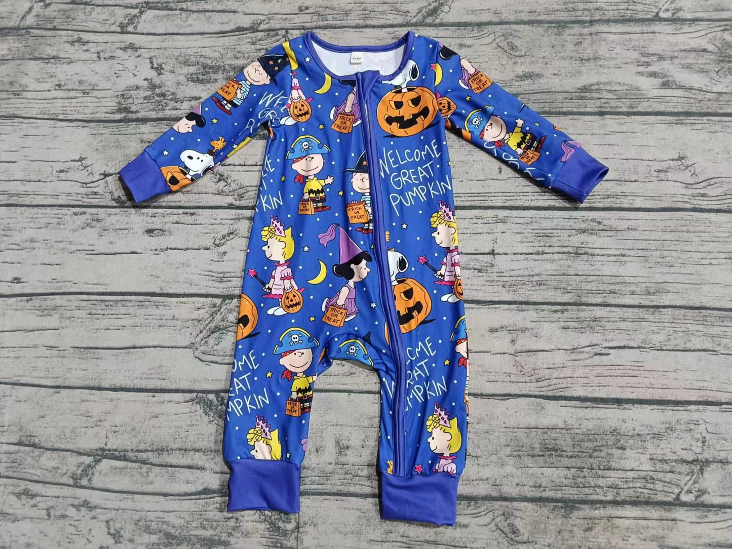 Custom moq 3 eta 6-7weeks Halloween Pumpkin Little Girl Blue Long Sleeve Romper