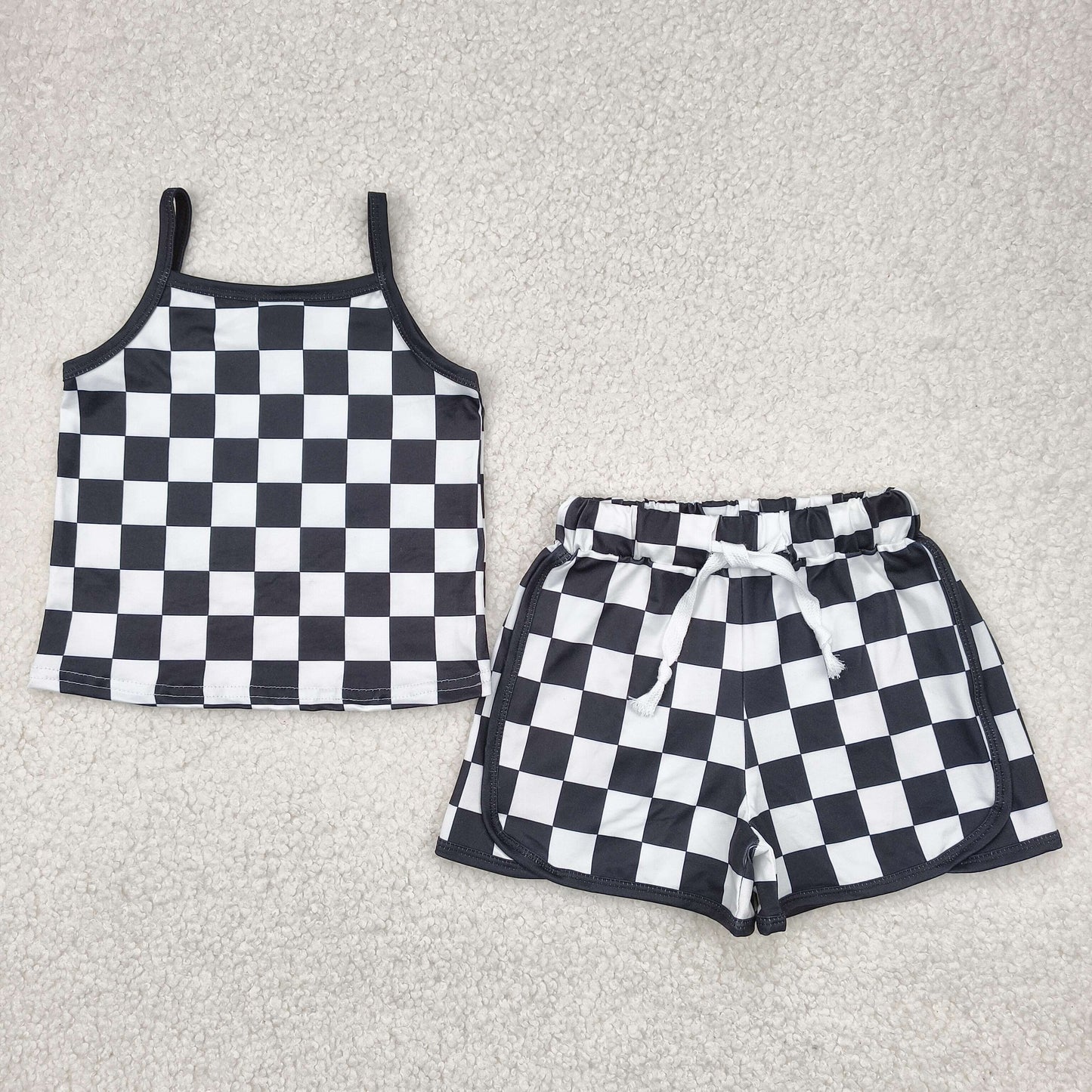 RTS NO MOQ(In Stock) GSSO2334 Black and white plaid suspender shorts set