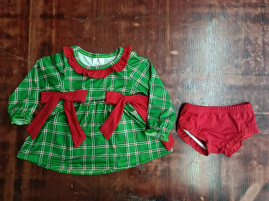 Custom moq 3 eta 6-7weeks Long Sleeve Green Plaid Bow Top-Red Thong Set
