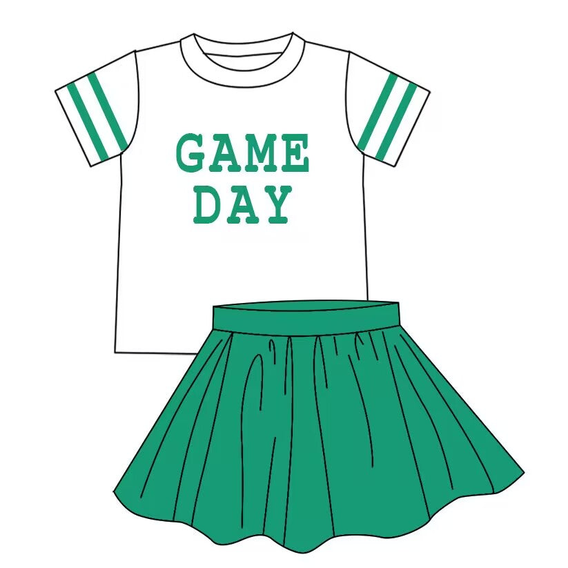 custom moq 5 tat about 4-6 weeks baby girls clothes GAME DAY white and green short sleeve skirts summer outfits