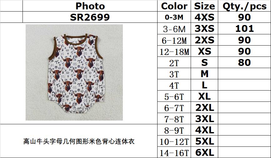 RTS NO MOQ SR2699 Beige vest bodysuit with geometric pattern of mountain bull head and letters