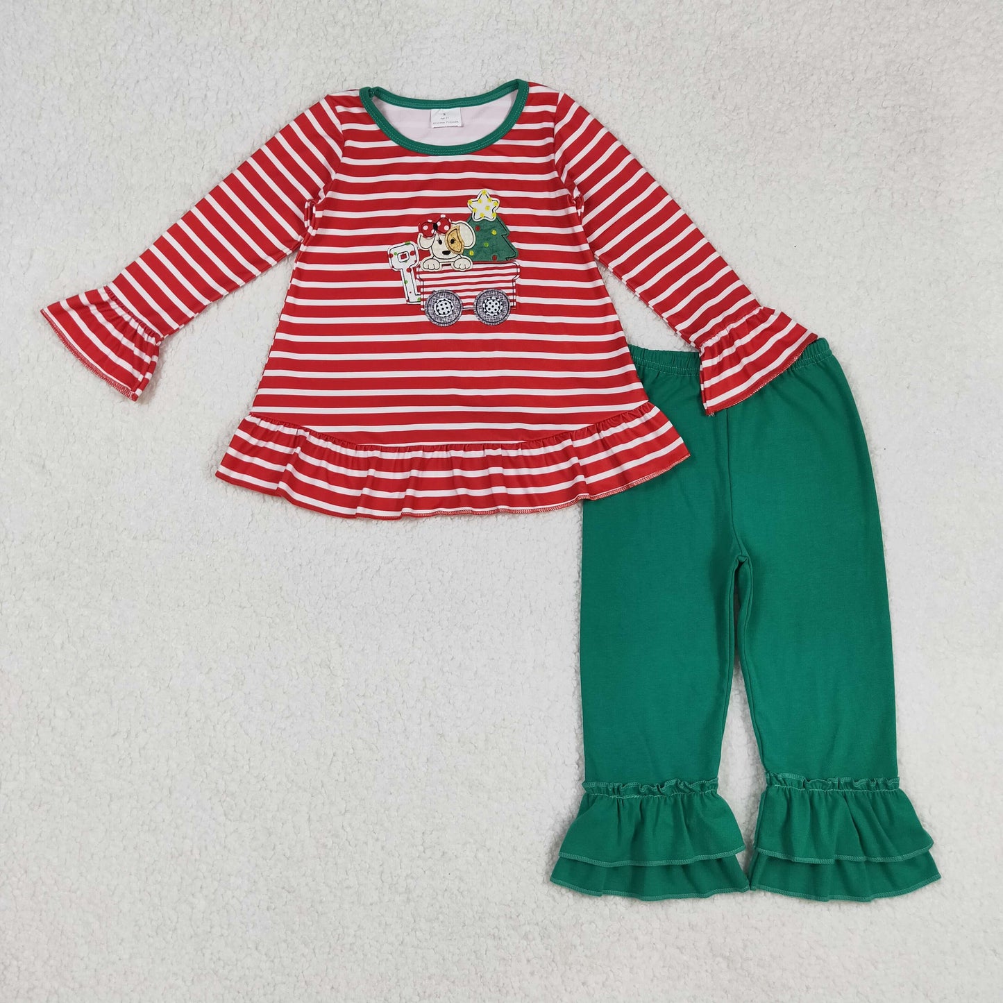 RTS NO MOQ(In Stock) GLP2580 Embroidered Christmas puppy cart stripe red long-sleeved green pantsuit