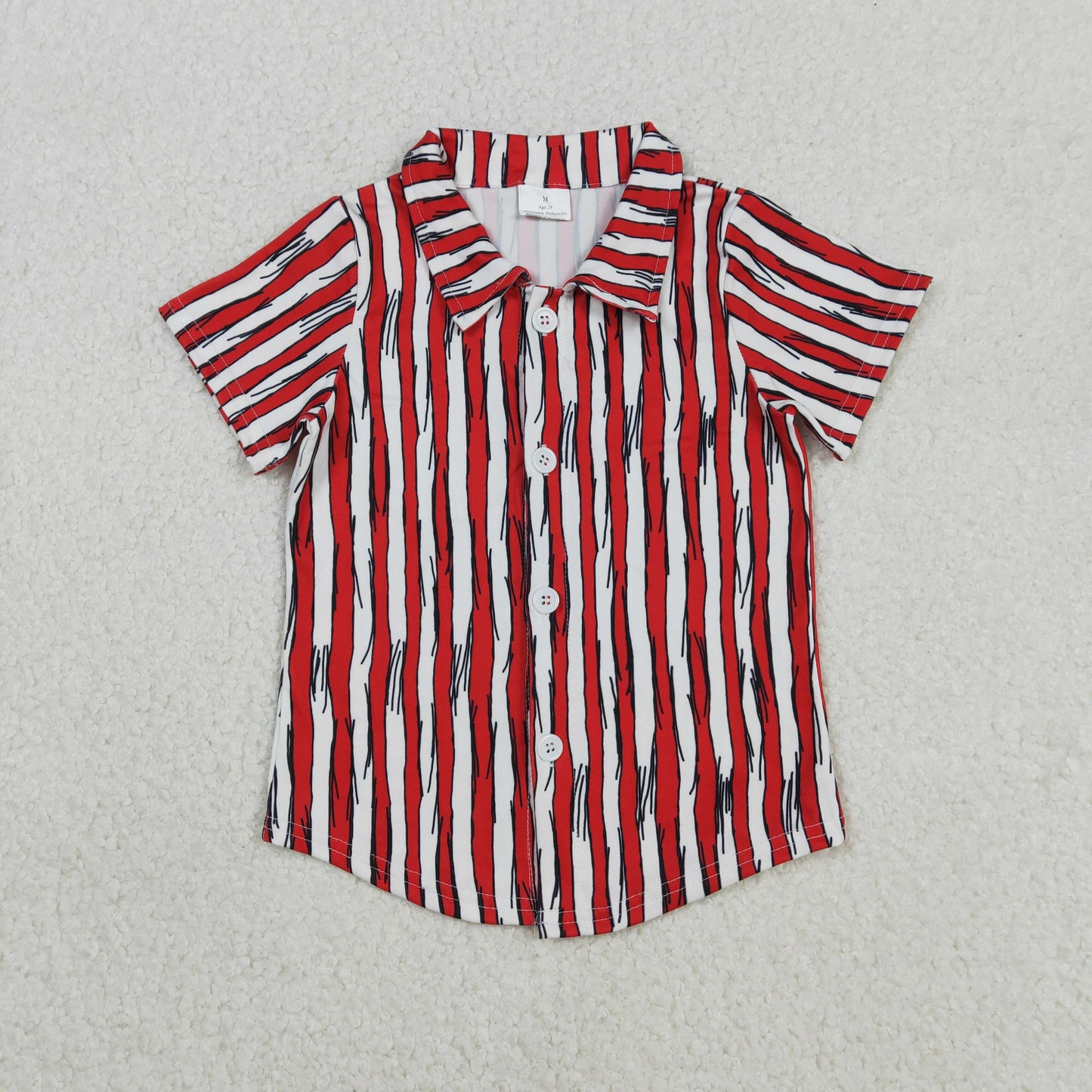 RTS NO MOQ(In Stock) Dr. Seuss Red Vertical Striped Button-Up Short-Sleeved Top