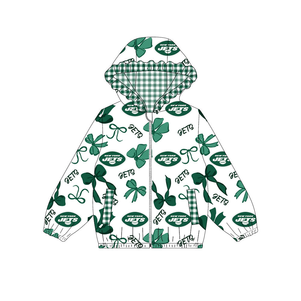 Custom moq 8 mix size milk silk summer team baby girls clothes bow green hooded long sleeve top-25.9.30