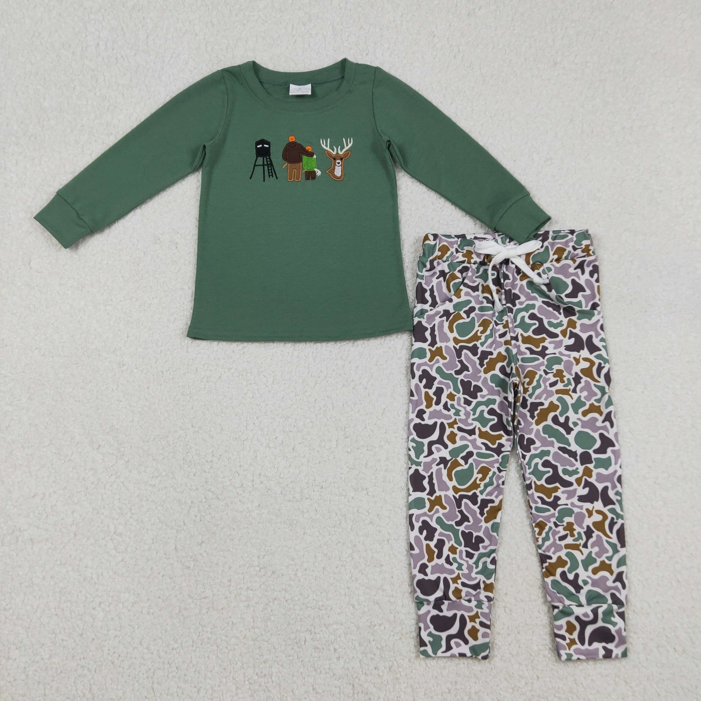RTS NO MOQ(In Stock) Embroidered Reindeer Hunting Long-Sleeve Top Camouflage Pants set-BLP1352