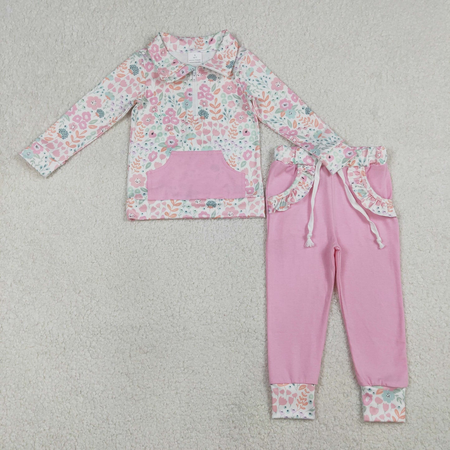 RTS NO MOQ(In Stock) GLP3279 Colorful Floral and Leaf Light Pink Pocket Zipper Long-Sleeve Pants Set