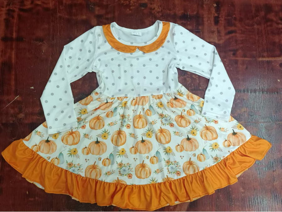 Custom moq 3 eta 6-7weeks Halloween Pumpkin-Flower and Polka Dot Orange Doll Collar Long Sleeve Dress