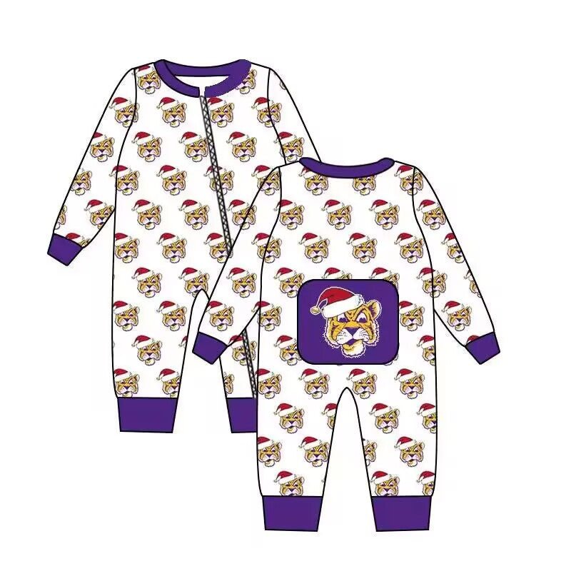 Deadline September 28 custom no moq eta 6-8weeks Christmas Tiger Head Pattern-Purple Elastic Cuffs-White Long Zipper Climbing Suit