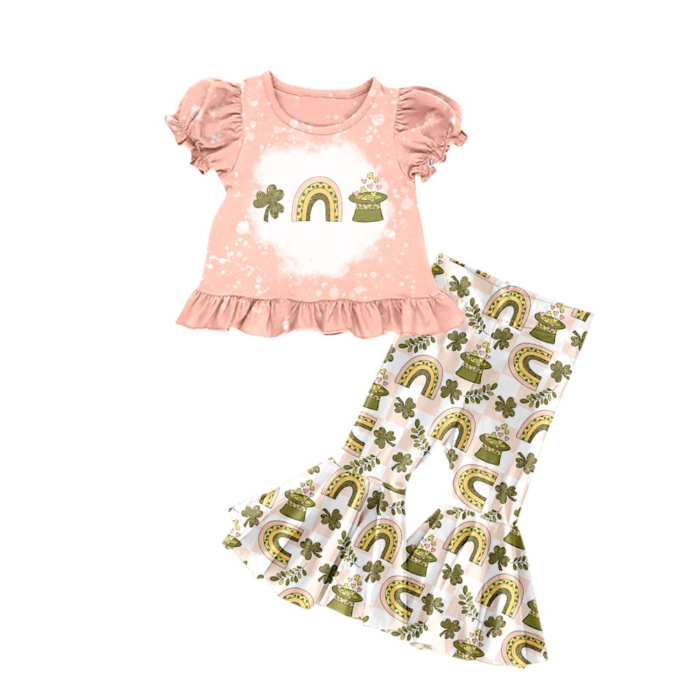 GSPO1220 Four-leaf clover rainbow hat pink short-sleeved plaid trousers suit