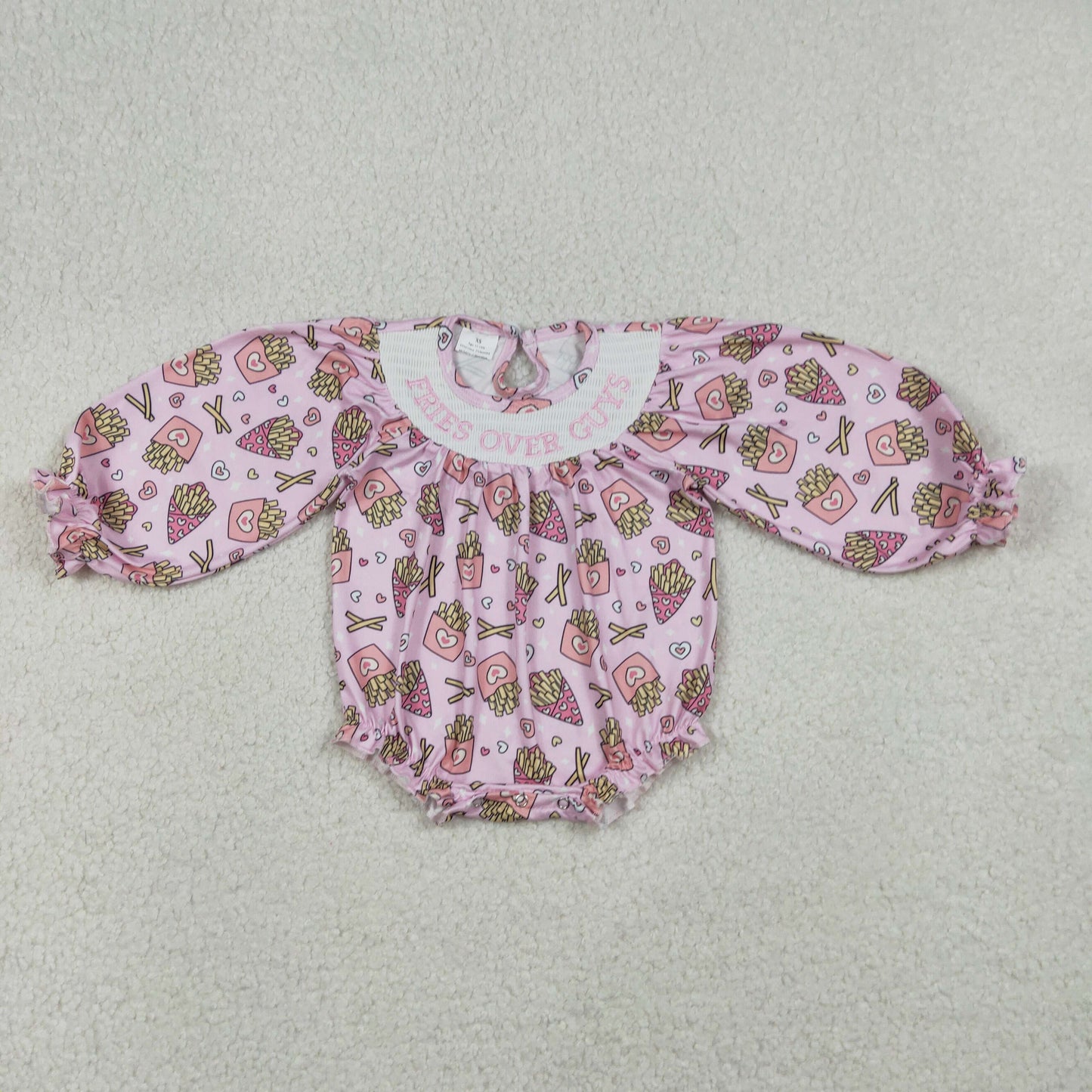 RTS NO MOQ(In Stock) Embroidered Fries Over Guys Valentine's Day Heart Fries Pink Long-Sleeved Jumpsuit