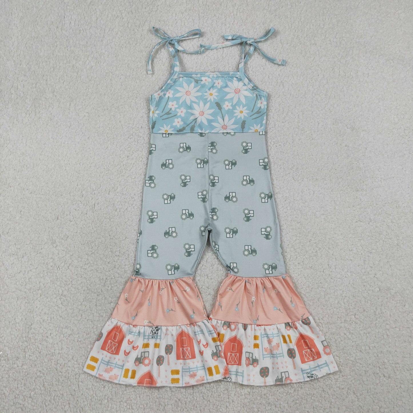 RTS NO MOQ(In Stock)SR3587 Floral Tractor Red House Patchwork Suspender Jumpsuit
