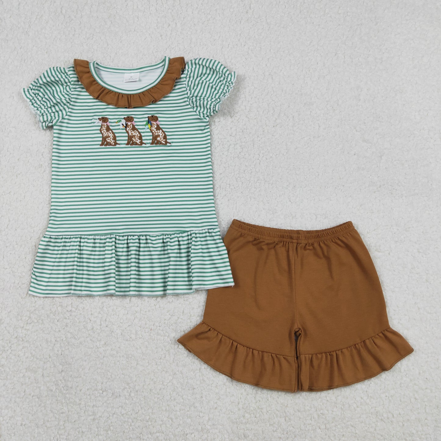 RTS NO MOQ(In Stock) Embroidered Duck Dalmatian Brown Lace Green Striped Short-Sleeve Shorts Set