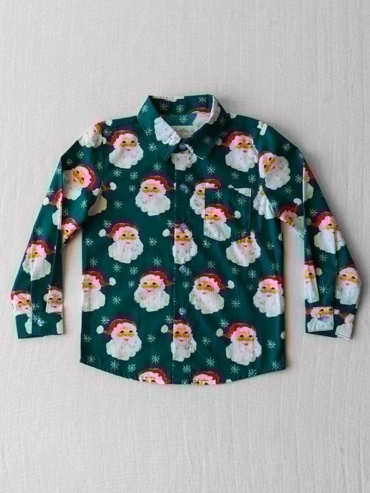 Deadline November 9 custom no moq eta 6-8weeks Dark green button-down long-sleeved shirt with Santa Claus snowflakes