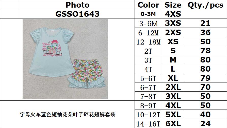 RTS NO MOQ ETA 5/7days Arrived GSSO1643 Letter train blue short-sleeved flower leaf floral shorts set