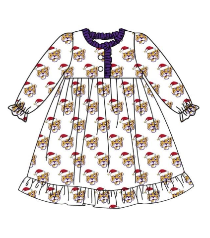 Deadline November 12 custom no moq eta 6-8weeks Tiger head wearing Santa hat Purple lace collar White long sleeve dress