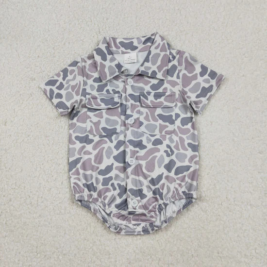 Best Sell RTS Baby Boys Southern Light Grey Camouflage Rompers with Button Pockets Boy's Outfit