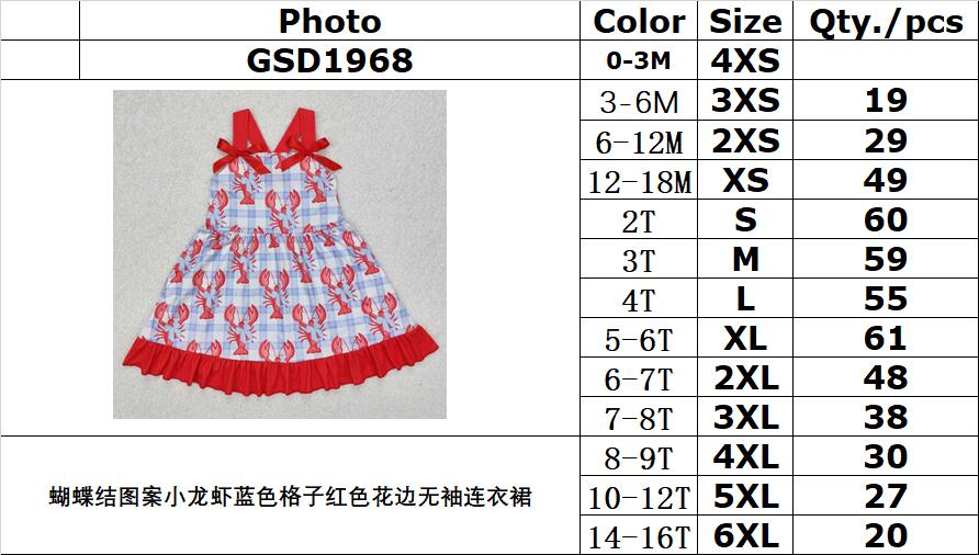 RTS NO MOQ ETA 5/7days Arrived GSD1968 Bow Pattern Crayfish Blue Plaid Red Lace Sleeveless Dress