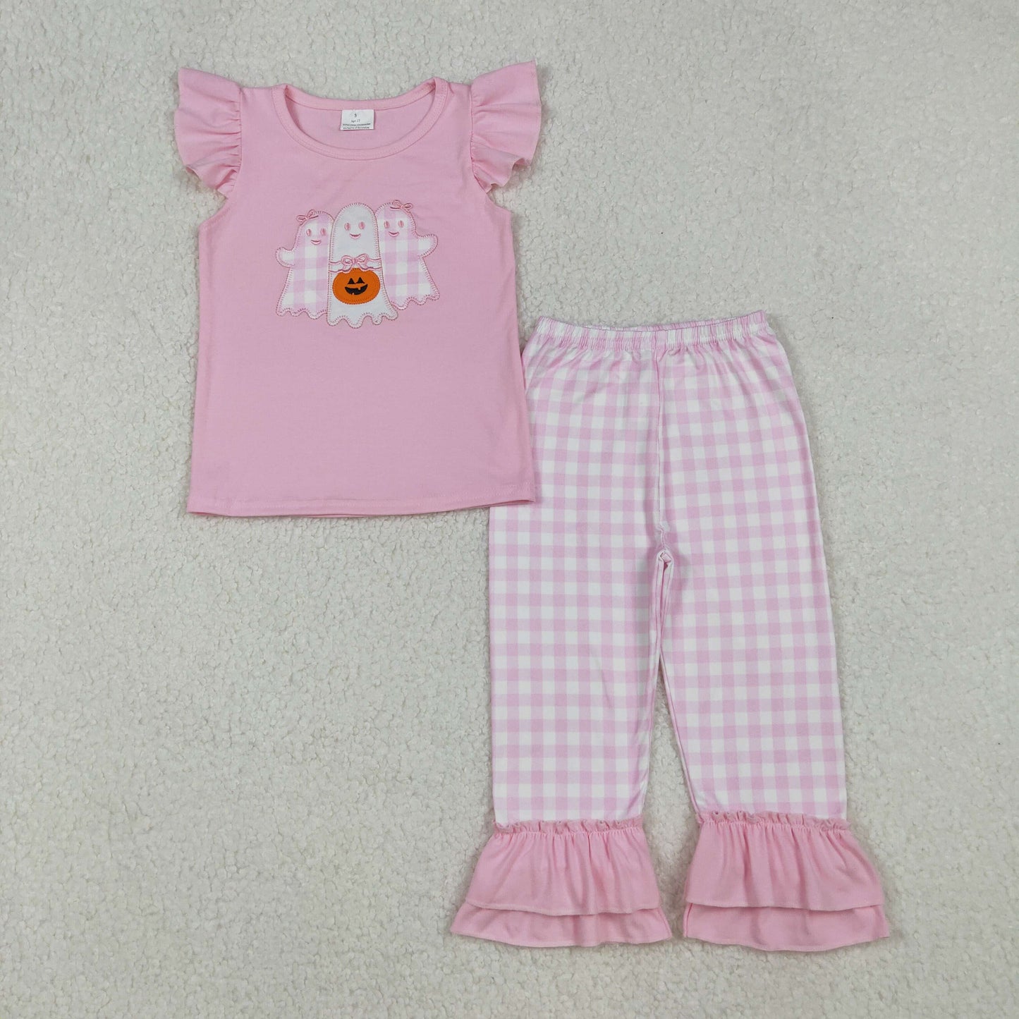 RTS NO MOQ(In Stock) GSPO2058 Embroidered Halloween lantern ghost pink plaid pantsuit with flying sleeves