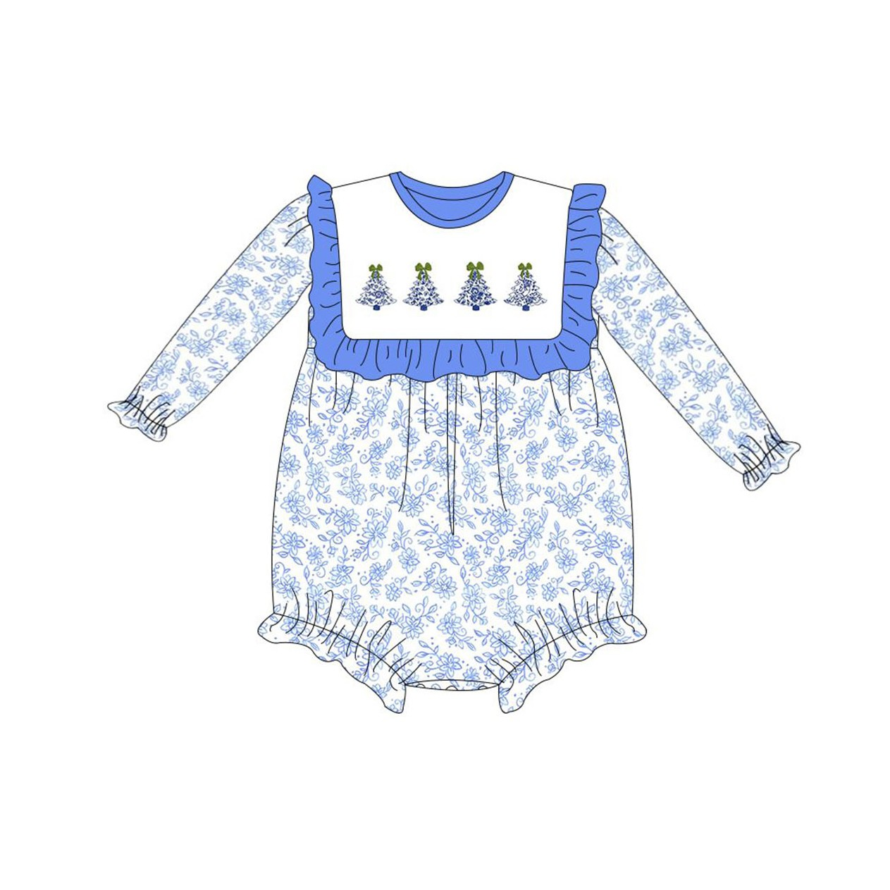 Deadline October 8 custom no moq eta 6-8weeks Embroidered blue Christmas tree pattern pleated square neck long sleeve short romper