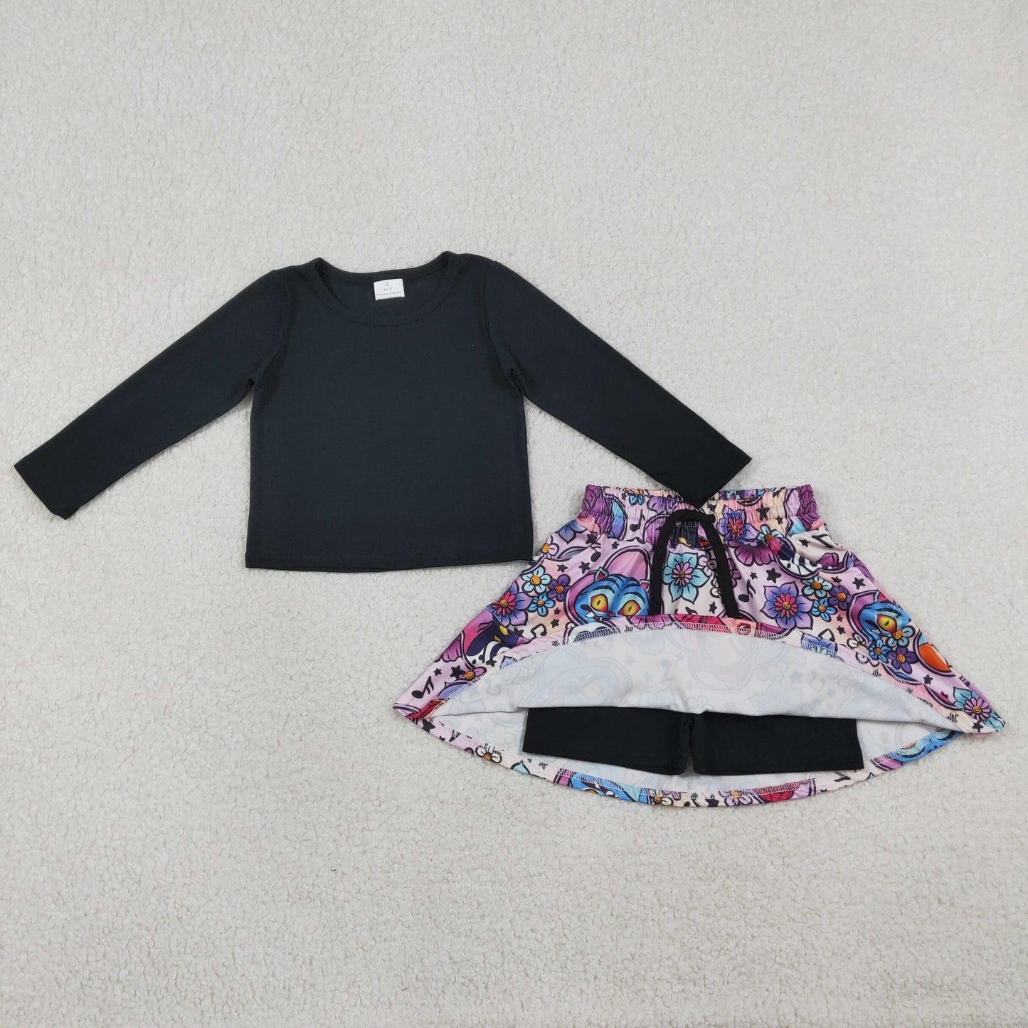 12/18m-14/16t RTS NO MOQ(In Stock ) GLD1425 Kpop Solid Black Long-Sleeved Skirt Set