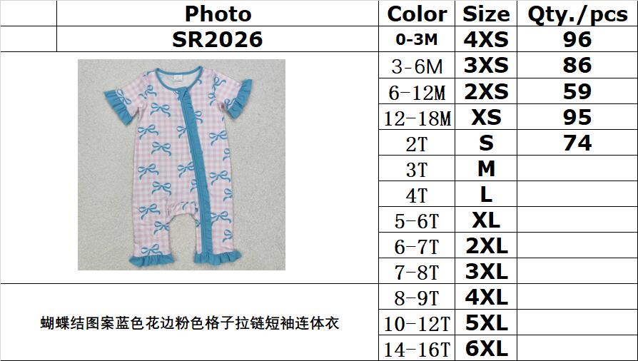 RTS NO MOQ ETA 5/7days arrived SR2026 Bow pattern blue lace pink plaid zipper short sleeve jumpsuit