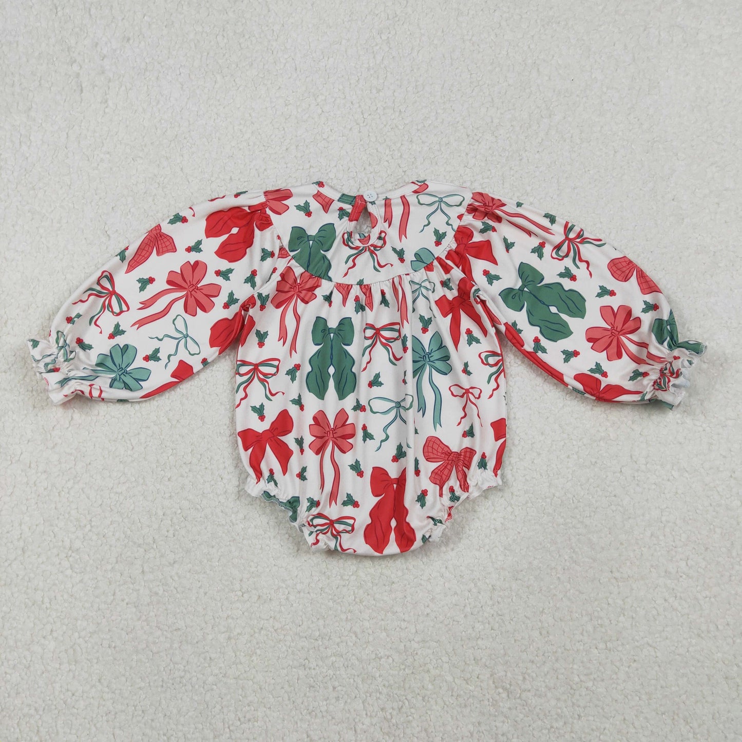 RTS NO MOQ(In Stock) LR2217 Embroidered Christmas smocked red and green bow pattern long-sleeved bodysuit