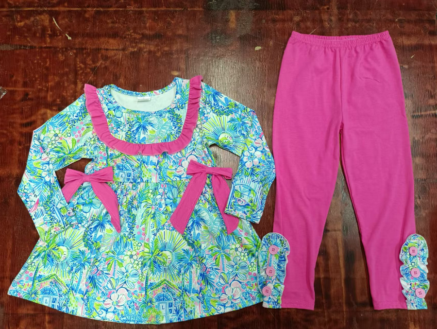 Custom moq 3 eta 6-7weeks Lake blue coconut tree rose red bow square collar decorated long-sleeved top-rose red trousers suit