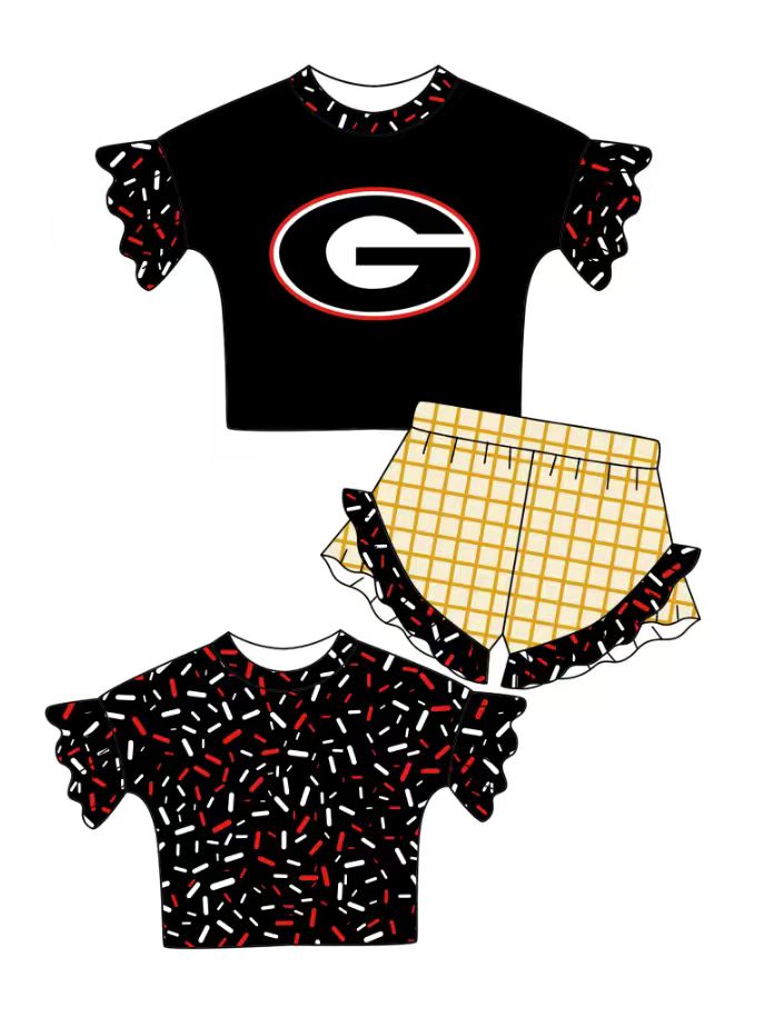 Custom moq 5 mix size milk silk summer teams baby girl clothes black short sleeve shorts sets