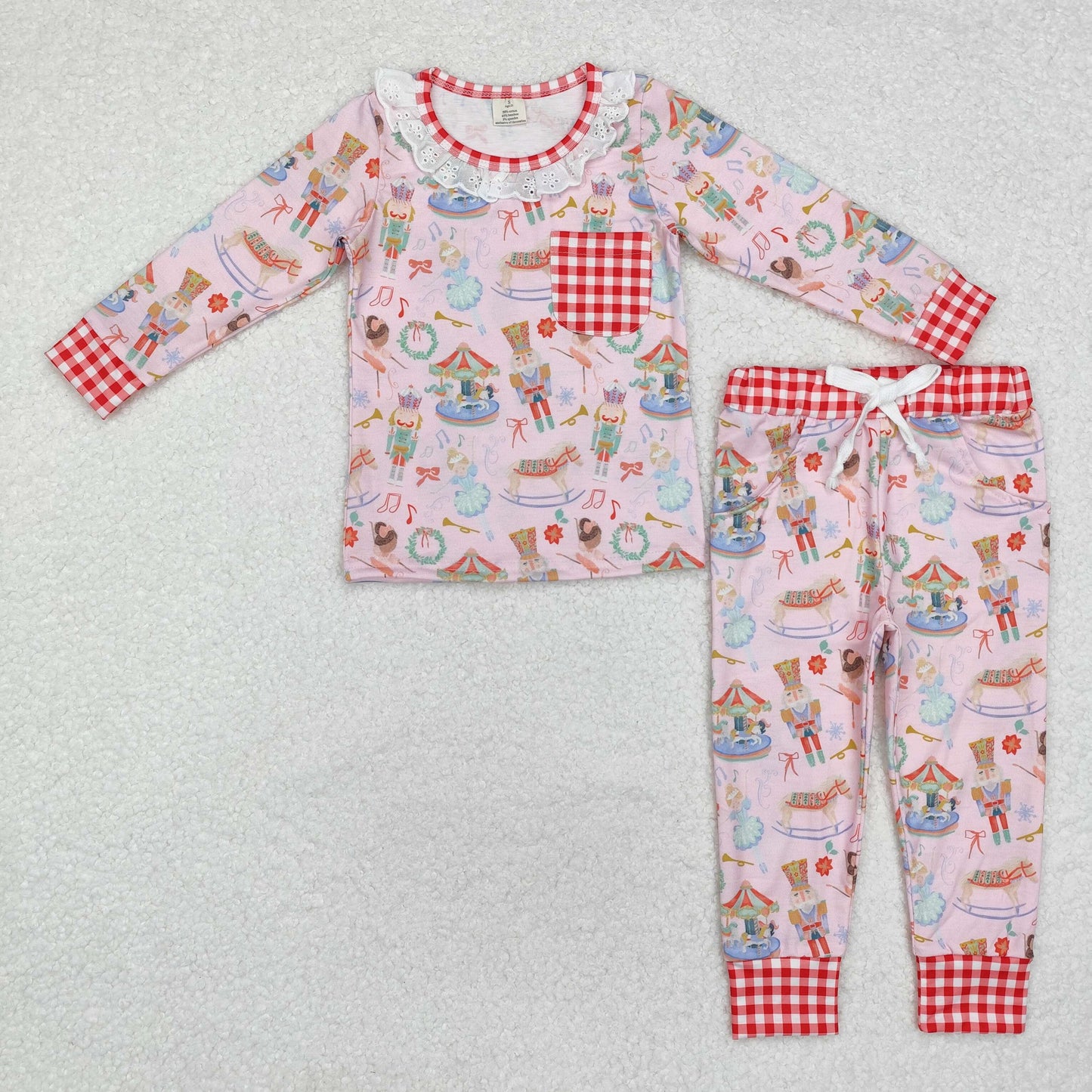 RTS NO MOQ(In Stock ) GLP1271 Modal Christmas nutcracker plaid pocket pink long-sleeved pants pajamas set