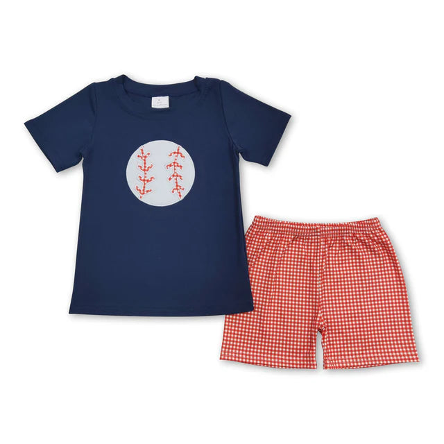 RTS NO MOQ Sibling Baby Boys Fishing Tee Orange Gingham Summer Shorts Clothes Sets
