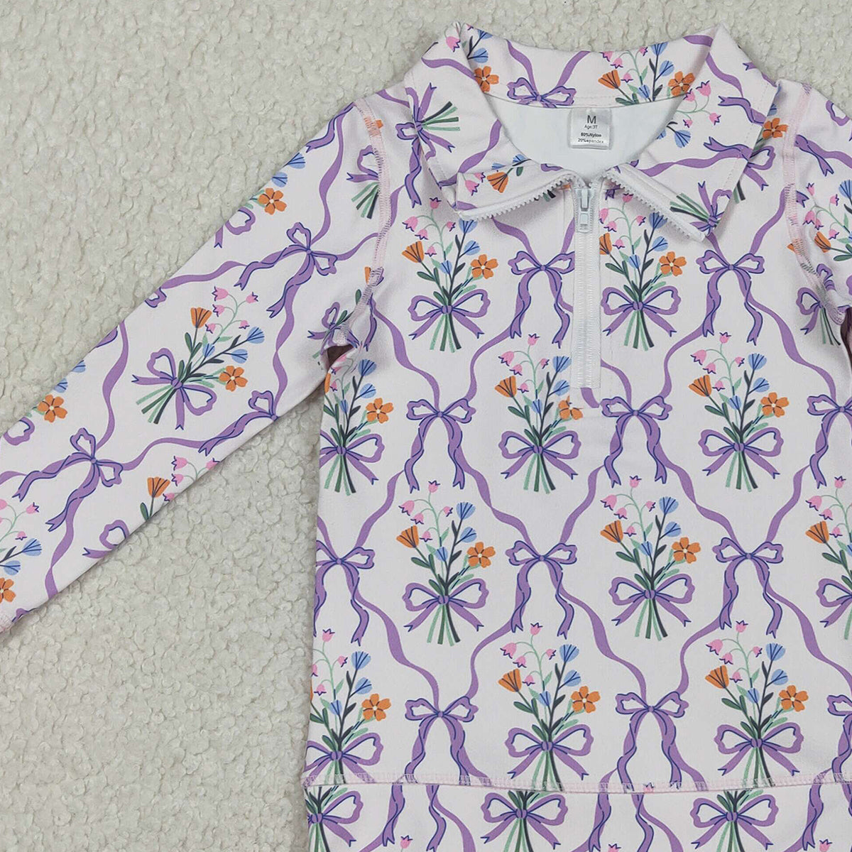 RTS NO MOQ GT1371 Baby Girls Checked Yoga Top with Purple Bows And Flowers Zipper Pullovers Active Wear for Kids