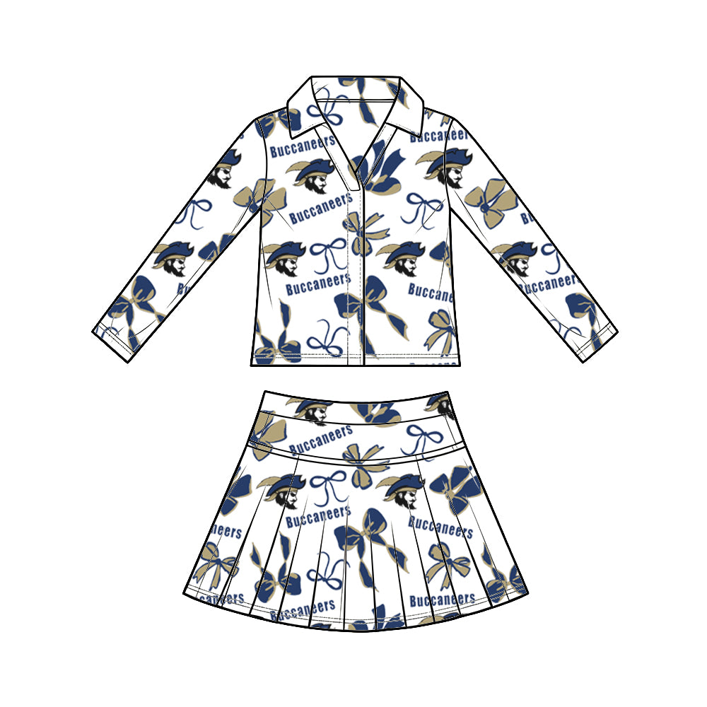 custom moq 5 mix size XY072507 Baby Girls Summer Bow Print Long Sleeve Top Pleated Skirt Two Piece Team Yoga Outfit
