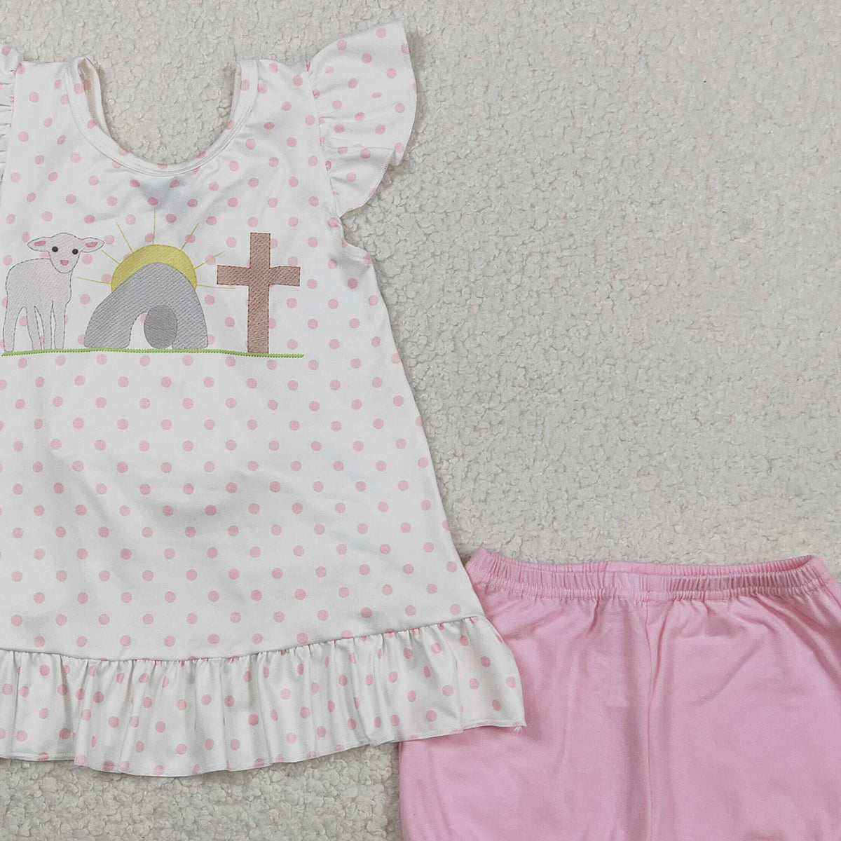 RTS NO MOQ GSSO3018 Baby Girls Easter Outfit Set Cross Polka Dots Back Bow Tunic with Ruffle Shorts