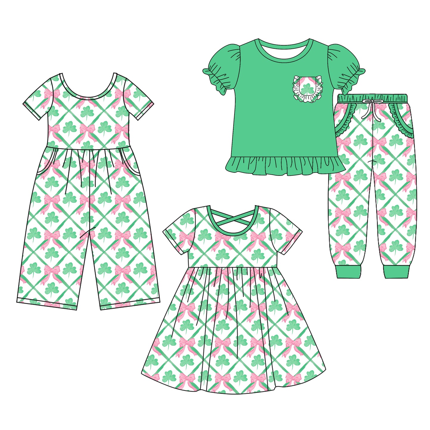 25.9.16 custom each style moq 5eta 6-8week Sibling Sisters green bow baby girl short sleeve shorts sets and dress and jumpsuit match family design