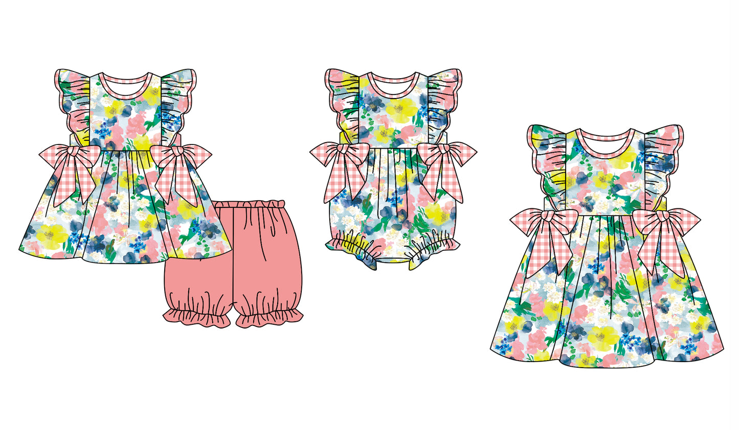 11.30 custom each style moq 5eta 4-6week Sibling Sister floral baby girl short sleeve shorts sets and dress and rompers match family design