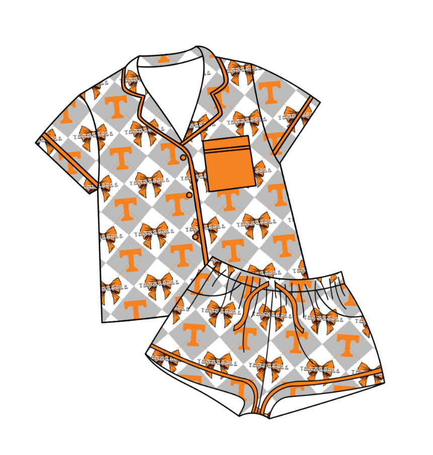 Custom moq 5 mix size orange Plaid Baby Pajamas Short-Sleeved Top And Shorts Team Outfit Comfortable Sleepwear for Infants